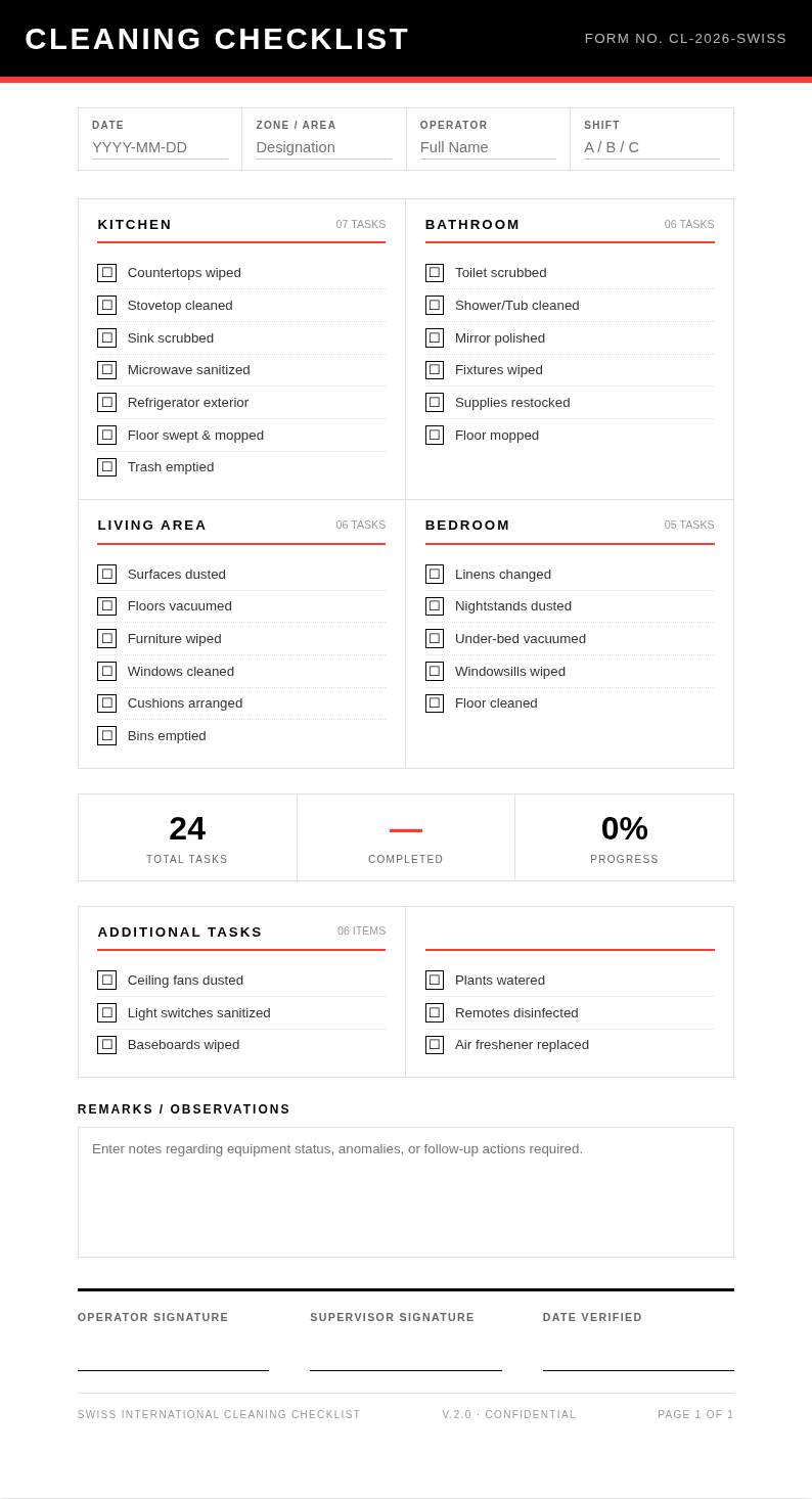 Swiss international cleaning checklist